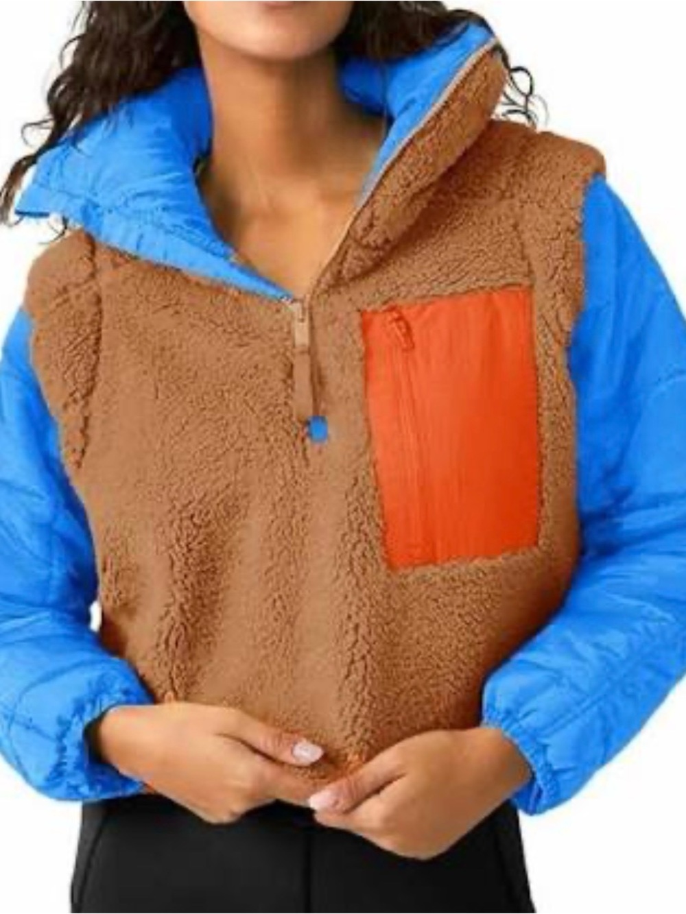 Free People Brown Sherpa Jacket with Blue Sleeves and Orange Chest Pocket
